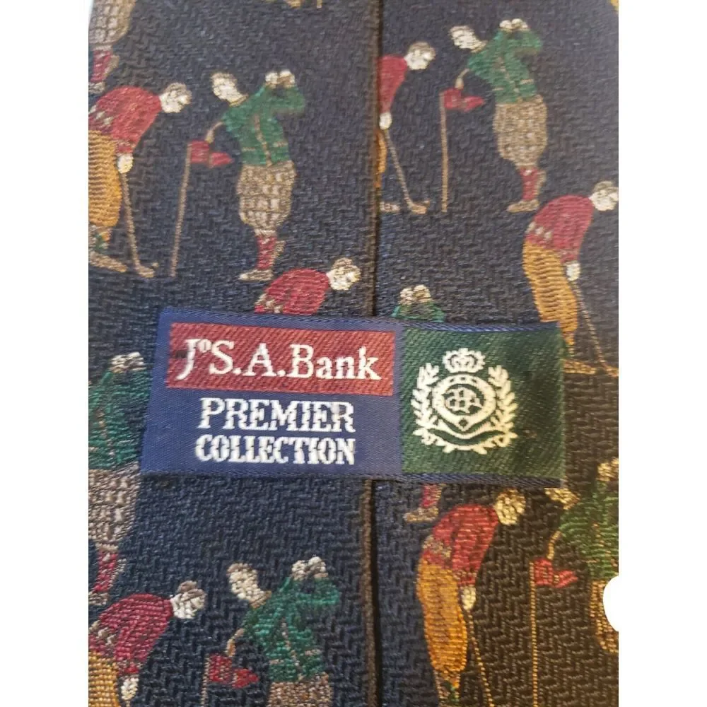 Vintage Jos A Bank Premier Collection Mens Tie Necktie Novelty Blue with Golfers